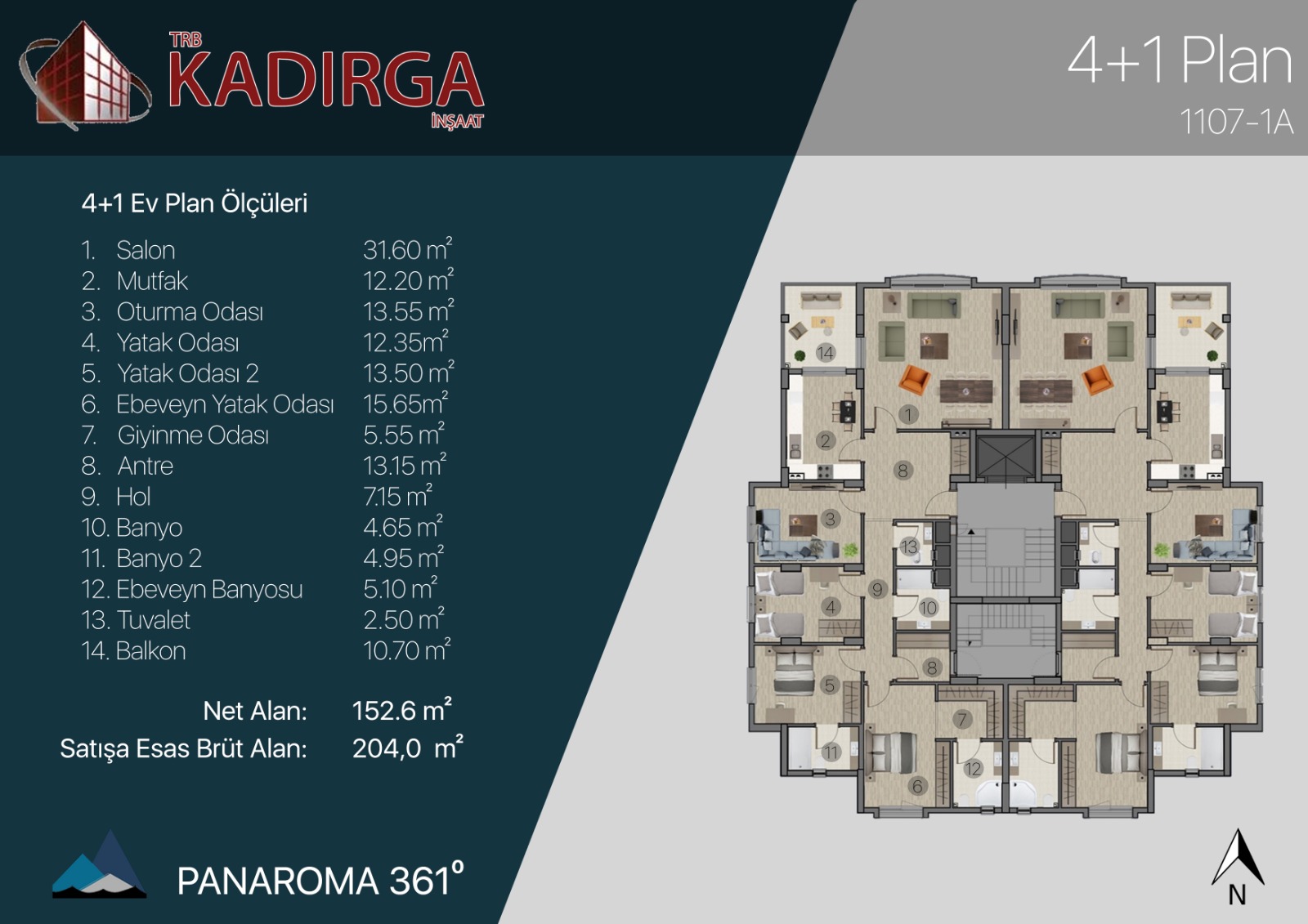 Panorama 361° 4+1 kat planı — 204 m² brüt, 152,6 m² net, ebeveyn banyolu premium daire
